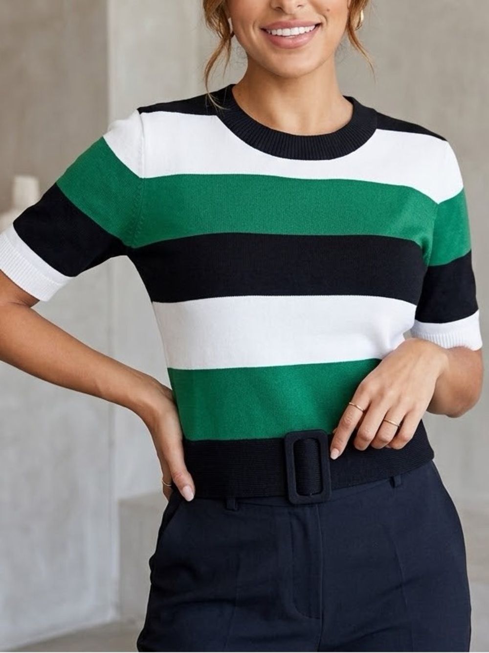 Eva Mendes New York & Co Women’s Short-sleeve Green Stripped Belted Knit Sweater